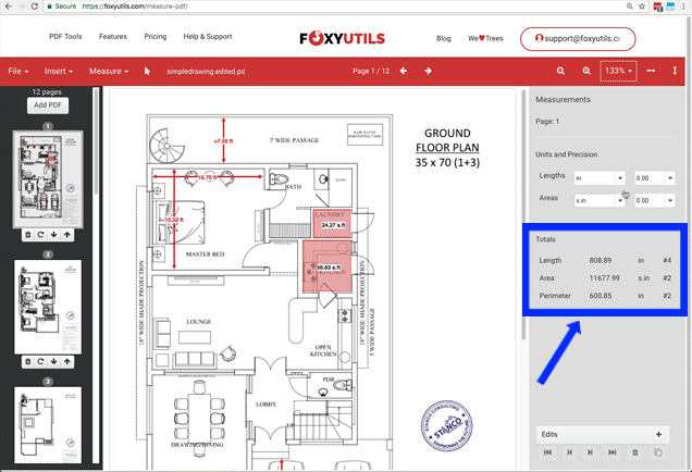 Running totals for takeoffs and estimates are displayed while measuring